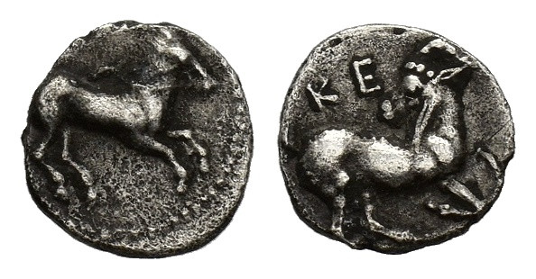 Cilicia, Kelenderis, 3rd century BC. AR Obol (10mm, 0.64g). Horse prancing r. R/...