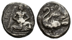 Cilicia, Mallos, c. 440-390 BC. AR Stater (23mm, 10.06g). Winged male figure advancing r., holding solar disk in both hands; barley grain(?) to r. R/ ...