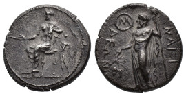 Cilicia, Nagidos, c. 380-360 BC. AR Stater (23mm, 10.21g). Aphrodite seated l., holding patera; behind, Eros standing l. R/ Dionysos standing l., hold...