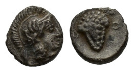 Cilicia, Soloi, c. 410-375 BC. AR Obol (9mm, 0.73g). Helmeted head of Athena r. R/ Grape bunch on vine. Cf. SNG Levante 47. VF