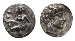 Cilicia, Tarsos. Tiribazos (Satrap of Lydia, 388-380 BC). AR Obol (8mm, 0.53g). Female kneeling l., tossing astralagoi. R/ Male head r. Göktürk 17; SN...