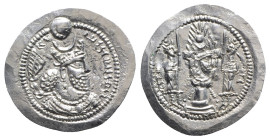 Sasanian Kings, Varhran V (AD 420-438). AR Drachm (30mm, 4.19g, 3h). Bust r., wearing mural crown with korymbos set on crescent, ribbon on left should...