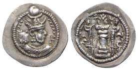 Sasanian Kings of Persia, Peroz (AD 457/9-484). AR Drachm (28mm, 4.17g, 3h). WH mint. Crowned bust r. R/ Fire altar flanked by attendants; star and cr...