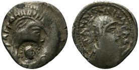 Indo-Parthians, Aria or Margiana. Tanlis Mardates with Raggodeme, mid-late 1st century BC. AR Drachm (18.5mm, 3.48g, 12h). Helmeted bust of Tanlis Mar...