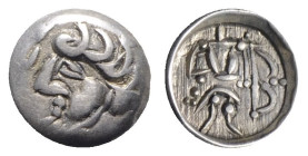 Sogdiana, Samarkand (Pre-Ikhshid), 4th-5th centuries AD. AR Obol (10mm, 0.34g, 12h). Archer Series. Bearded male head l. R/ Soldier standing facing, h...