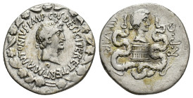 Mark Antony and Octavia, summer-autumn 39 BC. Ionia, Ephesus. AR Cistophorus (26mm, 11.81g). Head of Antony r., wearing ivy wreath; lituus below; all ...