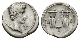 Augustus (27 BC-AD 14). Lycian League, Cragus. AR Drachm (18mm, 2.74g). Bare head r.; Λ-Y flanking. R/ Lyre; K-P across, plectrum below. RPC I 3309a.1...