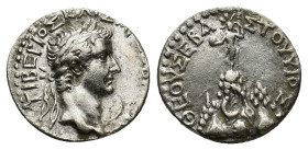 Tiberius (14-37). Cappadocia, Caesarea-Eusebia. AR Drachm (18mm, 3.69g). Laureate head r. R/ Mt. Argaeus surmounted by statue. Sydenham, Caesarea 42; ...