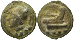 Anonymous, Rome, 225-217 BC. Cast Æ Triens (45mm, 82.10g). Helmeted head of Minerva or Mars l. on a raised disk. R/ Prow of galley r. on a raised disk...