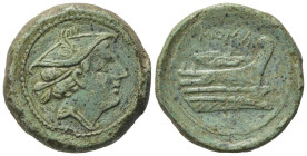 Anonymous, Rome, 217-215 BC. Æ Semuncia (20mm, 6.90g). Head of Mercury r., wearing winged petasus. R/ Prow r. Crawford 38/7; RBW 100. Green patina, Ni...