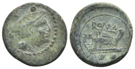 Staff series, Etruria(?), c. 208 BC. Æ Sextans (23mm, 7.64g, 7h). Head of Mercury r. wearing winged petasus. R/ Prow of galley r. Crawford 106/8a; RBW...