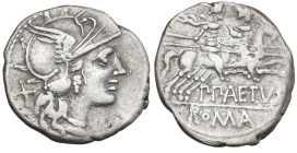 P. Aelius Paetus, Rome, 138 BC. AR Denarius (20mm, 3.63g). Helmeted head of Roma r. R/ The Dioscuri riding r. Crawford 233/1; RBW 968; RSC Aelia 3. VF