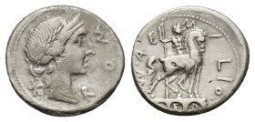 Man. Aemilius Lepidus, Rome, 114-113 BC. AR Denarius (18mm, 3.88g). Diademed and draped bust of Roma r. R/ Equestrian statue r. on pedestal with three...