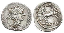 M. Lucilius Rufus, Rome, 101 BC. AR Denarius (19mm, 3.83g). Helmeted head of Roma r. within laurel wreath. R/ Victory, holding whip, in biga r. Crawfo...