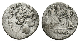 C. Egnatuleius C.f., Rome, 97 BC. AR Quinarius (14mm, 1.74g). Laureate head of Apollo. R/ Victory standing l., inscribing shield attached to trophy; a...