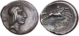 C. Malleolus, A. Albinus Sp.f., and L. Caecilius Metellus, Rome, 96 BC. AR Denarius (19mm, 3.77g). Laureate head of Apollo r.; star below. R/ Roma sea...