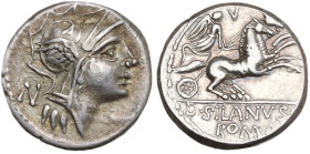 D. Silanus L.f., Rome, 91 BC. AR Denarius (16mm, 3.85g). Helmeted head of Roma r.; N behind. R/ Victory driving biga r.; V above. Crawford 337/3; cf. ...