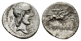 L. Calpurnius Piso Frugi, Rome, 90 BC. AR Denarius (18mm, 3.90g, 12h). Laureate head of Apollo r.; P behind, E before. R/ Horseman galloping r., holdi...