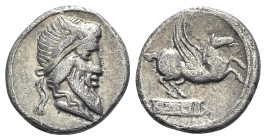 Q. Titius, Rome, 90 BC. AR Denarius (17mm, 3.76g, 3h). Bearded head of Mutinus Titinus r., wearing winged diadem. R/ Pegasus springing r. from inscrib...