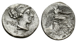 M. Cato, Rome, 89 BC. AR Denarius (16mm, 3.57g). Diademed and draped female bust r. R/ Victory seated r., holding palm frond and patera. Crawford 343/...