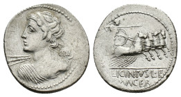 C. Licinius L.f. Macer, Rome, 84 BC. AR Denarius (20mm, 4.02g). Diademed bust of Vejovis l., seen from behind, hurling thunderbolt. R/ Minerva in quad...
