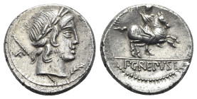 Pub. Crepusius, Rome, 82 BC. AR Denarius (18mm, 4.14g, 9h). Laureate head of Apollo r.; sceptre and F to l.; symbol to lower r. R/ Horseman riding r.,...