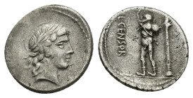 L. Censorinus, Rome, 82 BC. AR Denarius (17mm, 3.76g). Laureate head of Apollo r. R/ Marsyas standing l., holding wineskin over shoulder; to r., colum...