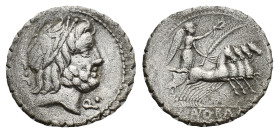 Q. Antonius Balbus, Rome, 83-82 BC. AR Serrate Denarius (18mm, 3.89g). Laureate head of Jupiter r.; control before. R/ Victory, holding wreath and pal...