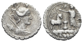 A. Postumius A.f. Sp.n. Albinus, Rome, 81 BC. AR Serrate Denarius (20mm, 3.73g, 9h). Draped bust of Diana r., bow and quiver over shoulder; bucranium ...
