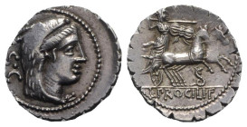 L. Procilius, Rome, 80 BC. AR Serrate Denarius (19.5mm, 3.97g, 12h). Head of Juno Sospita r., wearing goat-skin headdress. R/ Juno Sospita driving gal...