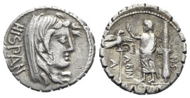 A. Postumius A.f. Sp.n. Albinus, Rome, 81 BC. AR Serrate Denarius (19mm, 3.82g, 9h). Veiled head of Hispania r. R/ Togate figure standing l., raising ...