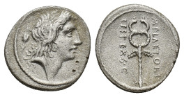M. Plaetorius M.f. Cestianus, Rome, 69 BC. AR Denarius (17mm, 3.72g). Bare head Bonus Eventus r.; symbol behind. R/ Winged caduceus. Crawford 405/5; c...