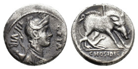 C. Hosidius C.f. Geta, Rome, 64 BC. AR Denarius (16mm, 3.43g). Diademed and draped bust of Diana r., with bow and quiver over shoulder. R/ Calydonian ...