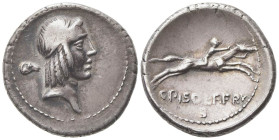C. Piso L.f. Frugi. 61 BC, Rome, AR Denarius (18mm, 4.05g). Head of Apollo r., hair tied with fillet; ram's head behind. R/ Naked horseman galloping r...