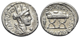 M. Plaetorius M.f. Cestianus, Rome, 57 BC. AR Denarius (18mm, 3.63g, 5h). Turreted and draped bust of Cybele r.; globe below chin, forepart of lion be...