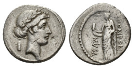 Q. Pomponius Musa, Rome, 56 BC. AR Denarius (18mm, 3.77g). Laureate head of Apollo r.; volumen tied with cord behind. R/ Clio, the Muse of History, we...