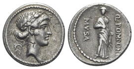 Q. Pomponius Musa, Rome, 56 BC. AR Denarius (18mm, 3.67g, 5h). Laureate head of Apollo r.; wreath behind. R/ Polymnia, the Muse of Rhetoric, standing ...