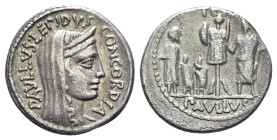 L. Aemilius Lepidus Paullus, Rome, 62 BC. AR Denarius (19mm, 3.66g, 5h). Veiled and diademed head of Concordia r. R/ Trophy; to l., three captives (Ki...