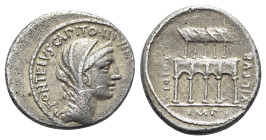P. Fonteius P.f. Capito, Rome, 55 BC. AR Denarius (19mm, 3.82g, 9h). Veiled head of Concordia r., wearing stephane. R/ The Villa Publica: building con...