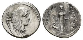 Roman Imperatorial, L. Hostilius Saserna, Rome, 48 BC. AR Denarius (19mm, 3.80g). Head of Gallia r.; Gallic trumpet (carnyx) behind. R/ Diana of Ephes...