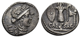 Julius Caesar, military mint, late spring-early summer 48 BC. AR Denarius (18mm, 3.52g). Diademed female head (Clementia?) r., wearing oak wreath; LII...