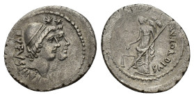 Roman Imperatorial, Mn. Cordius Rufus, Rome, 46 BC. AR Denarius (19mm, 3.73g). Conjoined heads of the Dioscuri r., wearing pilei with fillet surmounte...