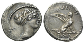 Roman Imperatorial, T. Carisius, Rome, 46 BC. AR Denarius (18mm, 3.88g, 5h). Head of Sibyl Herophile r., hair elaborately decorated with jewels and en...