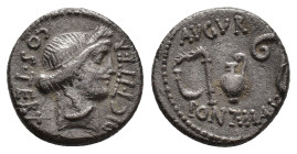 Julius Caesar, Utica(?), 46 BC. AR Denarius (16.5mm, 3.48g). Head of Ceres r., wearing wreath of grain. R/ Emblems of the augurate and pontificate: si...