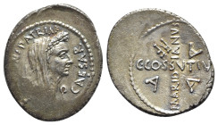 Julius Caesar, Rome, April 44 BC. AR Denarius (3.94g). C. Cossutius Maridianus, moneyer. Laureate and veiled head r.; apex behind, [lituus before]. R/...