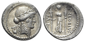 Roman Imperatorial, P. Clodius M.f. Turrinus, Rome, 42 BC. AR Denarius (20mm, 3.79g, 9h). Laureate head of Apollo r.; lyre behind. R/ Diana Lucifera s...