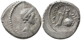 Julius Caesar, Rome, 42 BC. AR Denarius (18.5mm, 3.97g). L. Mussidius Longus, moneyer. Wreathed head of Caesar r. R/ Rudder, cornucopia on globe, wing...
