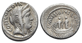 Roman Imperatorial, L. Mussidius Longus, Rome, 42 BC. AR Denarius (18mm, 3.68g, 2h). Diademed and veiled head of Concordia r.; crescent below chin. R/...