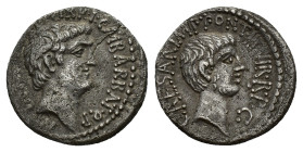 Mark Antony and Octavian, Ephesus, Spring-early summer 41 BC. AR Denarius (19mm, 3.63gg). M. Barbatius Pollio, quaestor pro praetore. Bare head of Mar...