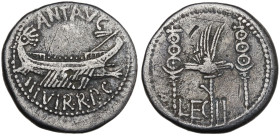 Mark Antony, Patrae(?), Autumn 32-spring 31 BC. AR Denarius (17mm, 3.70g). Legionary type. Galley r. R/ LEG II, legionary aquila between two signa. Cr...